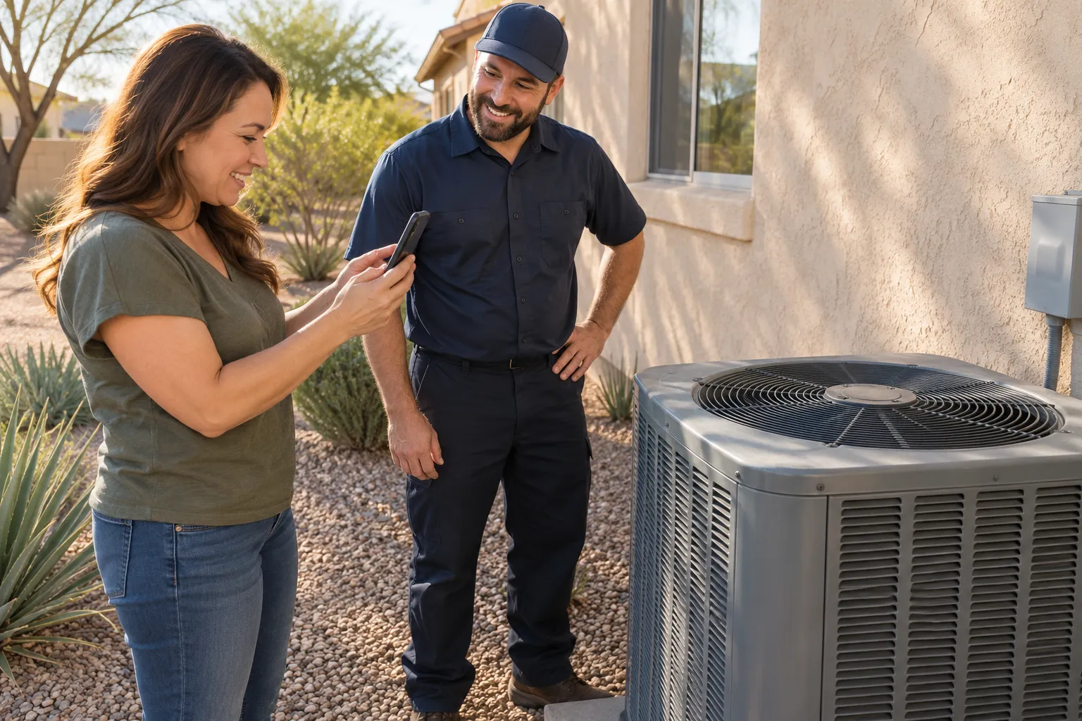 Friendly HVAC provider showing a homeowner the outdoor AC unit beside a stucco ranch home in Glendale
